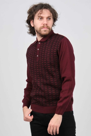 Ateş Triko Erkek Polo Yaka Desenli Yün Kazak 6092101 Bordo Bordo