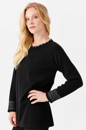 Desen Triko Kadın Sıfır Yaka Burgu Desenli Reglan Kol Kazak 02422058 Siyah Siyah
