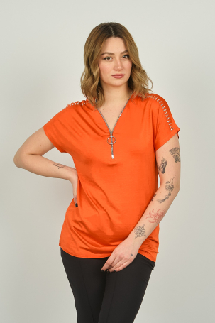 Ella Camelia Kadın Fermuarlı Kısa Kol Bluz 20E038 Oranj Oranj