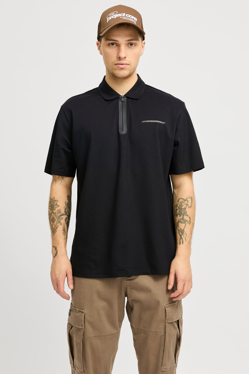 Jack & Jones Erkek Jcofusıon Regular Fit Fermuarlı Polo Yaka Kısa Kollu T-Shirt 12273127 Siyah Siyah