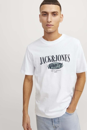 Jack & Jones Erkek Jorcobın Baskı ve Yazı Detaylı Bisiklet Yaka T-Shirt 12250411 Beyaz Beyaz