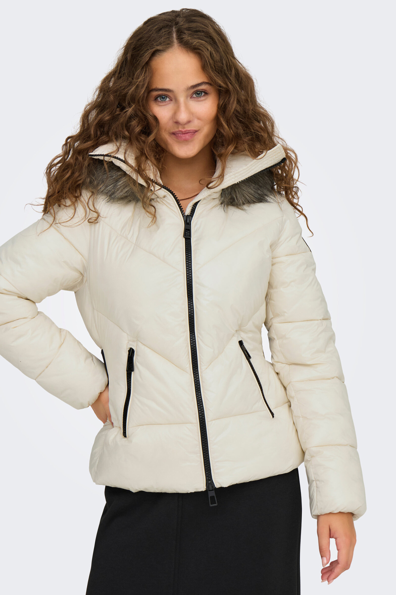 Only Kadın Onlfever Kapüşonu Kürklü Puffer Mont 15322003 Ekru Ekru