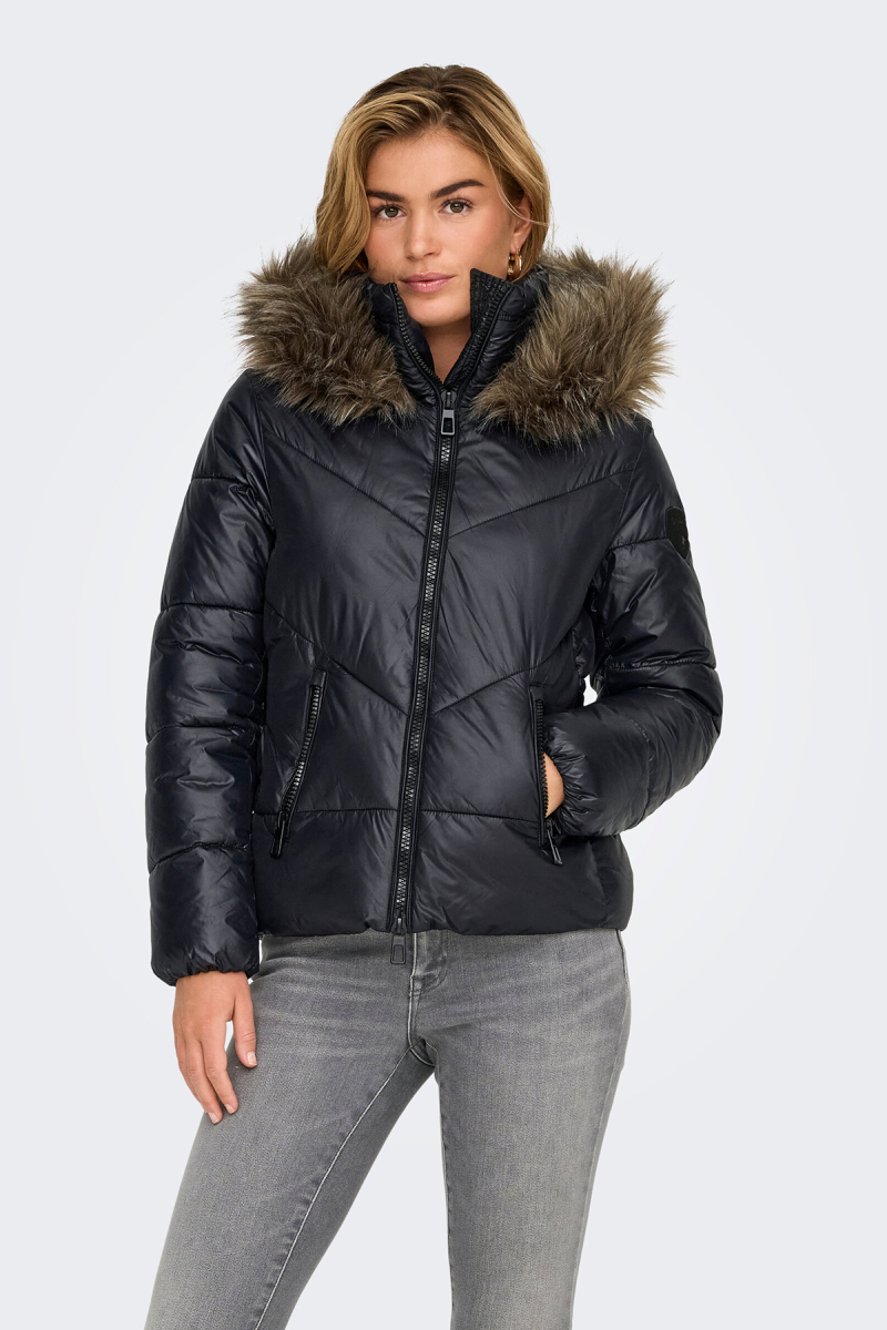 Only Kadın Onlfever Kapüşonu Kürklü Puffer Mont 15322003 Siyah Siyah