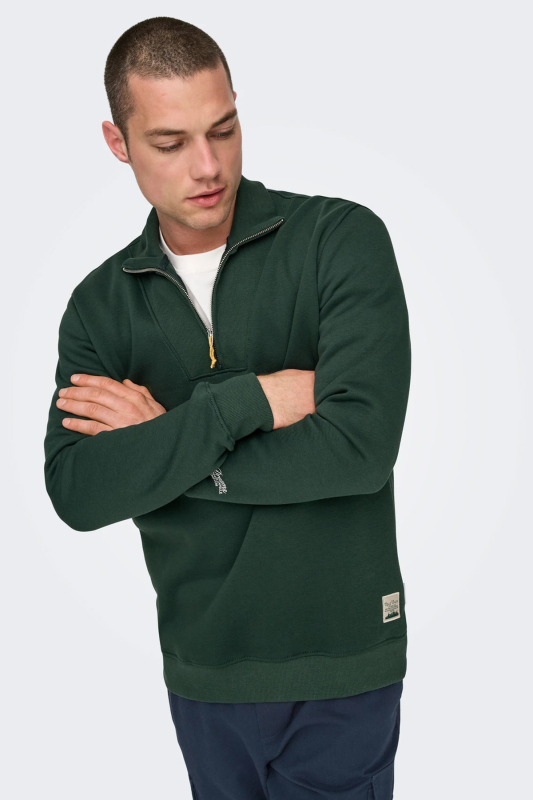 Only & Sons Erkek Onsrıley Yarım Fermuar Yakalı Sweatshirt 22030160 Koyu Yeşil Koyu Yeşil